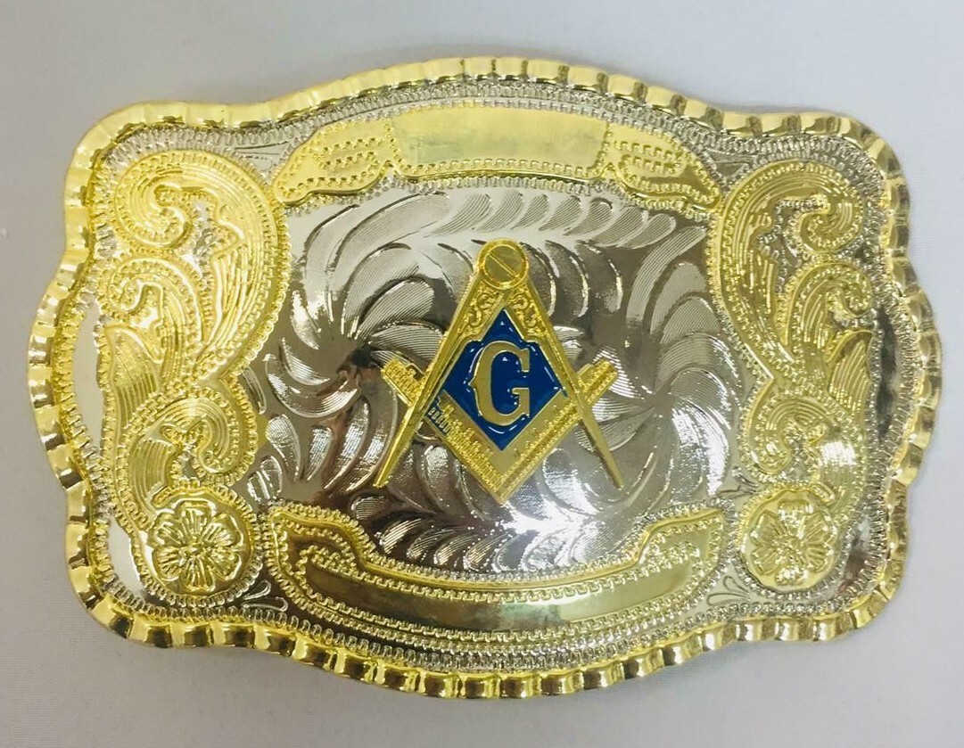 MASONIC MASON BELT BUCKLE RULE COMPASS HUGE RODEO BIG COWBOY WESTERN SHINE USA
