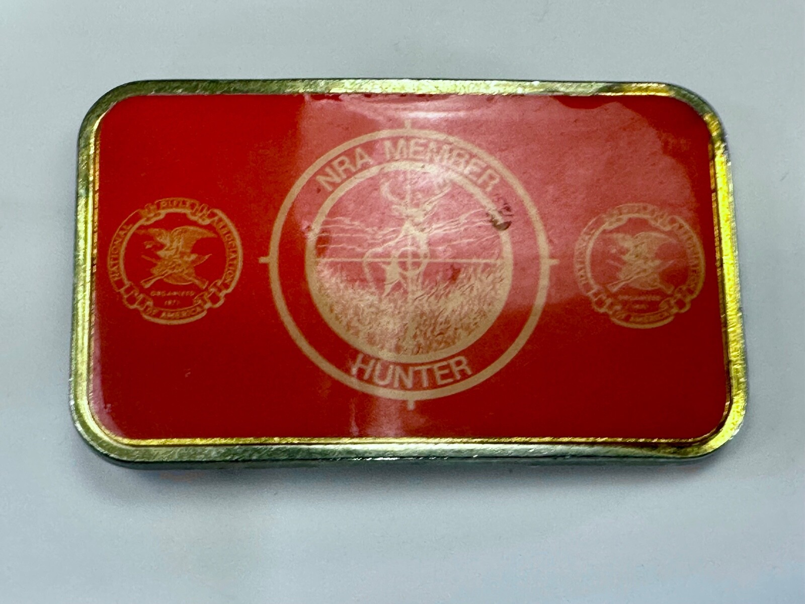 Nra Member Hunter – Rare Orange & Bass Color Gun Rights Collectors Belt Buckle