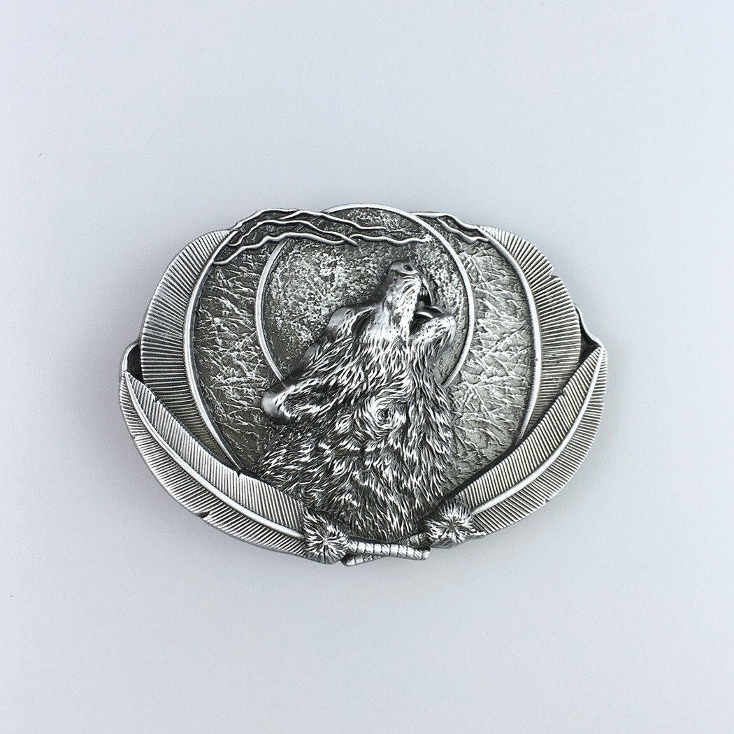 Antique Brushed Silver Western Wolf Moon Oval Belt Buckle Boucle de Ceinture