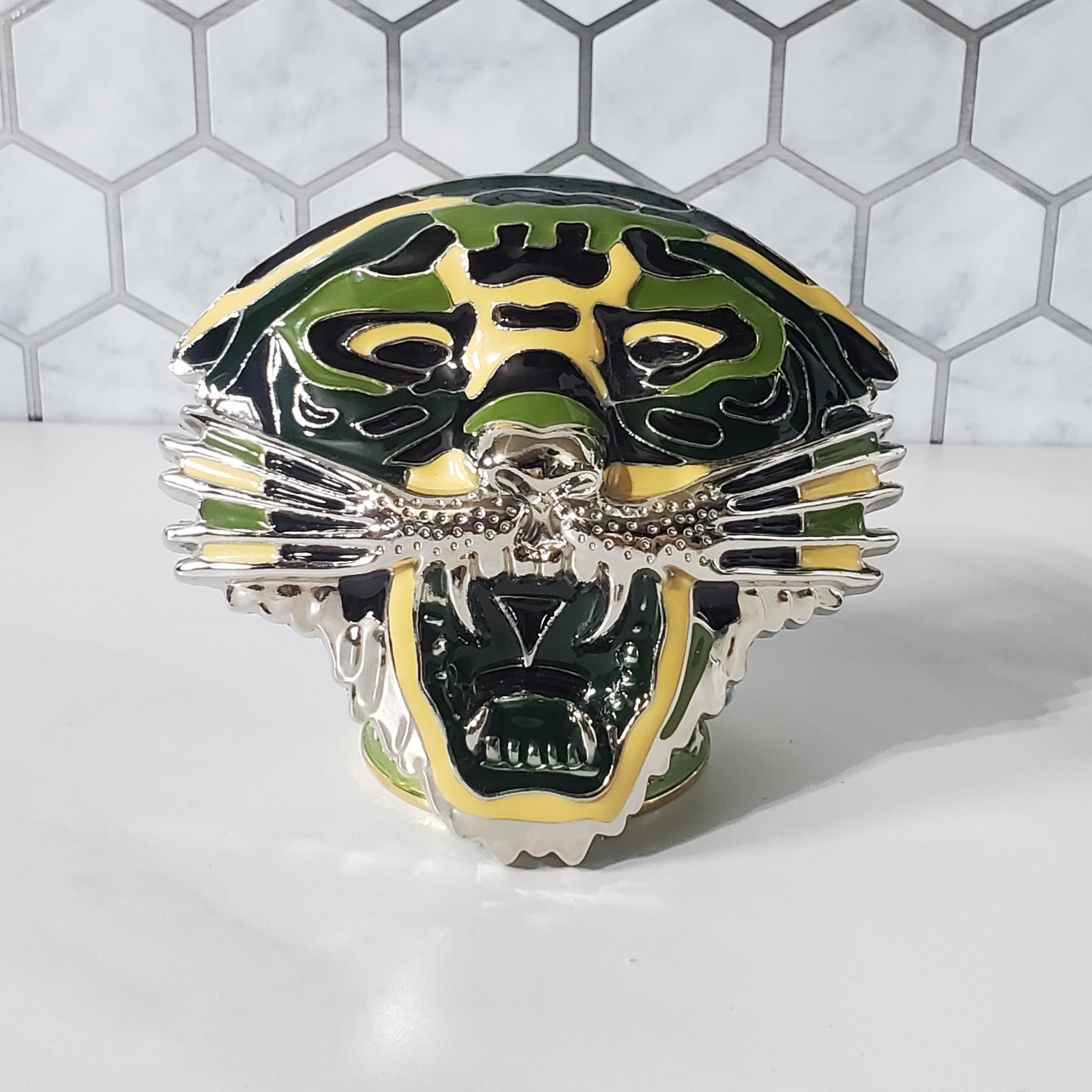 Tiger Face Belt Buckle Oversized Silver Finish Metal Green Yellow Fashion Buckle