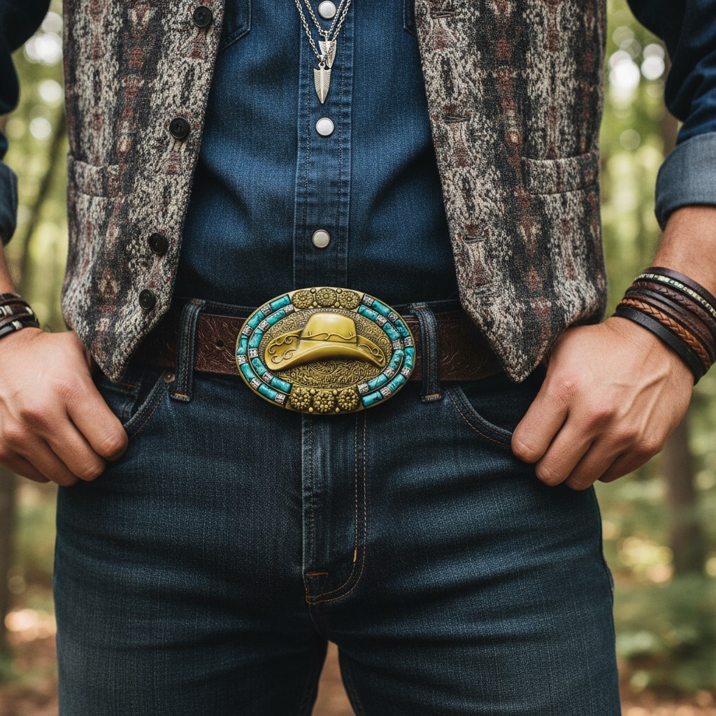 Men Women Antique Gold Metal Belt Buckle Cowboy Hat Turquoise Blue Bead Filigree