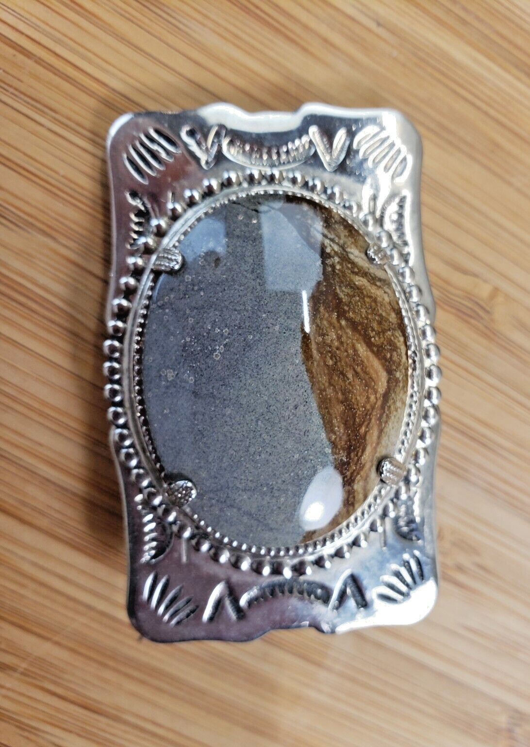 Southwestern Silver Tone Etched Picture Jasper Belt Buckle
