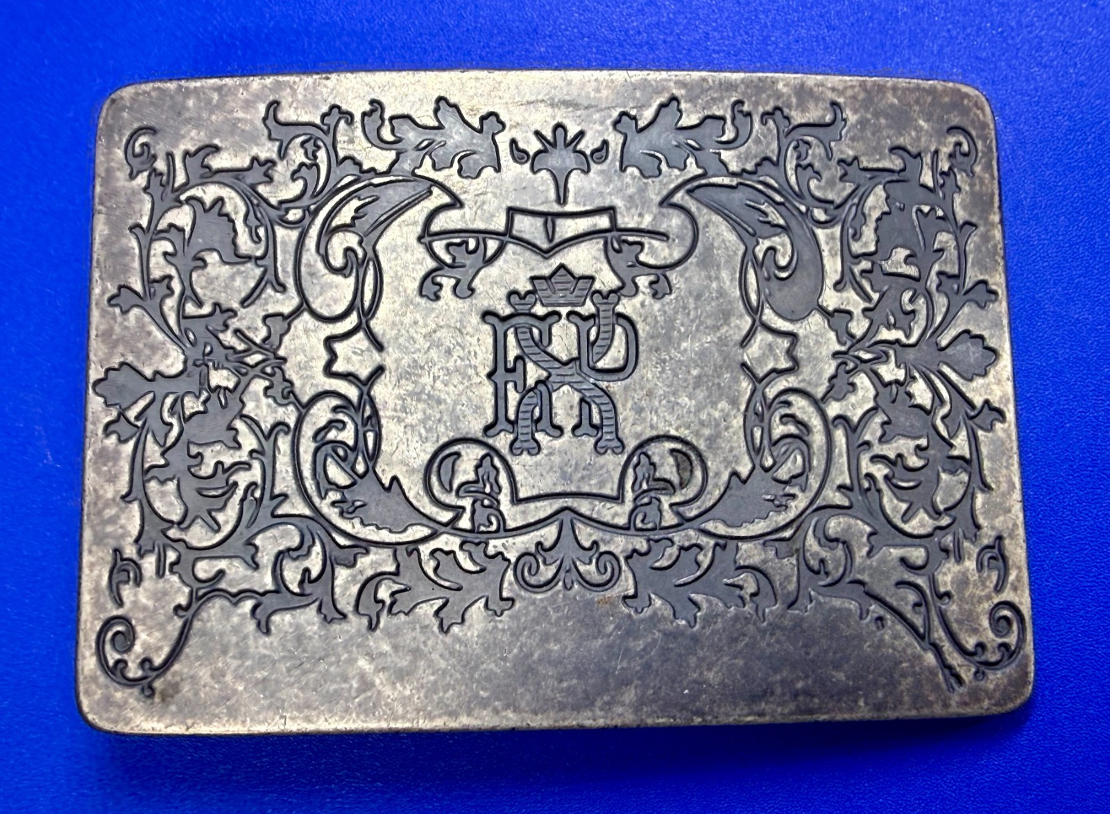 Letter EXP Monogram Scroll Ornate Pattern Silver Tone Rectangular Belt Buckle