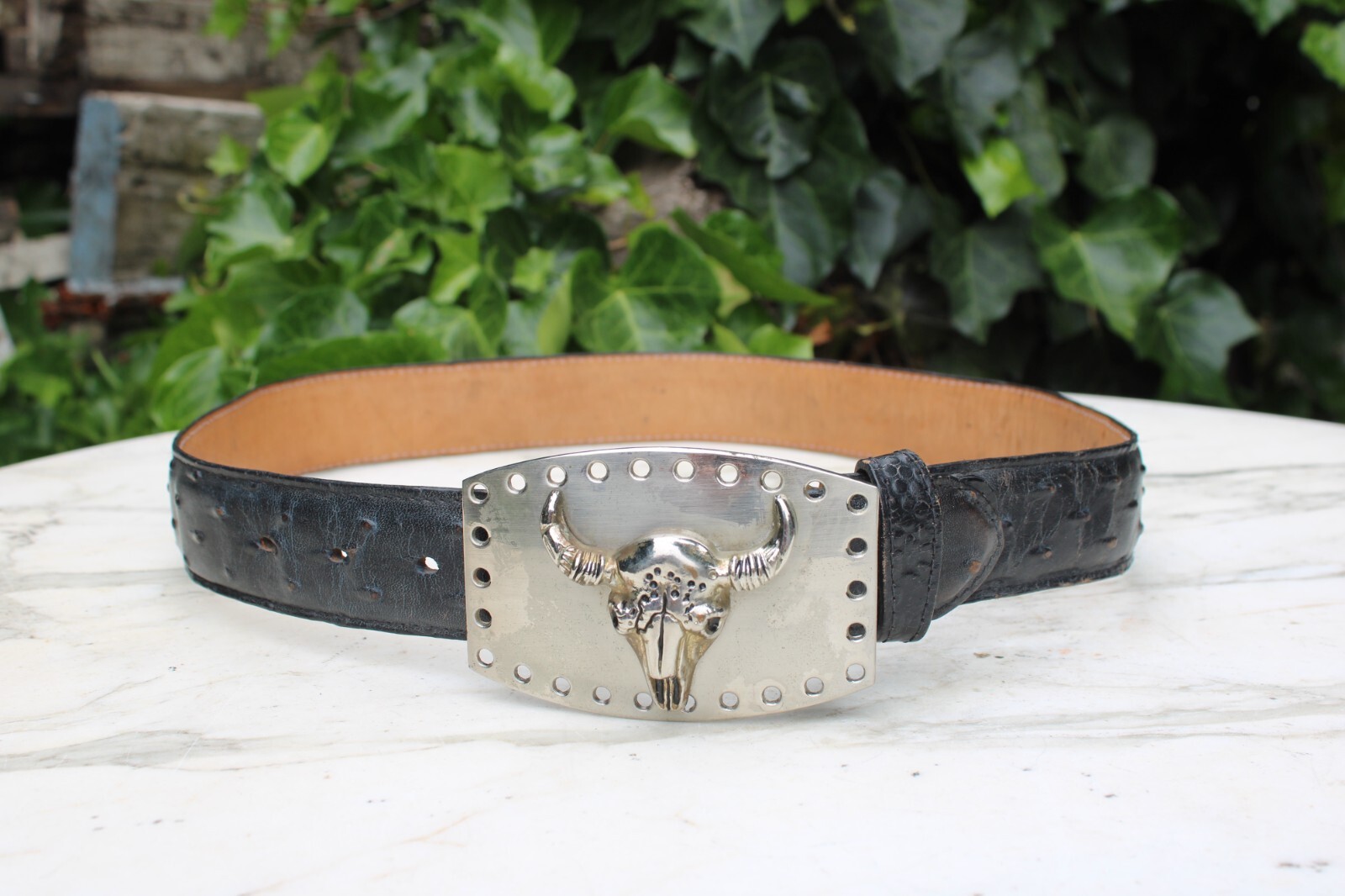 Silver Toned Metal Bull Steer Cow Head Face Belt Buckle & Leather Belt