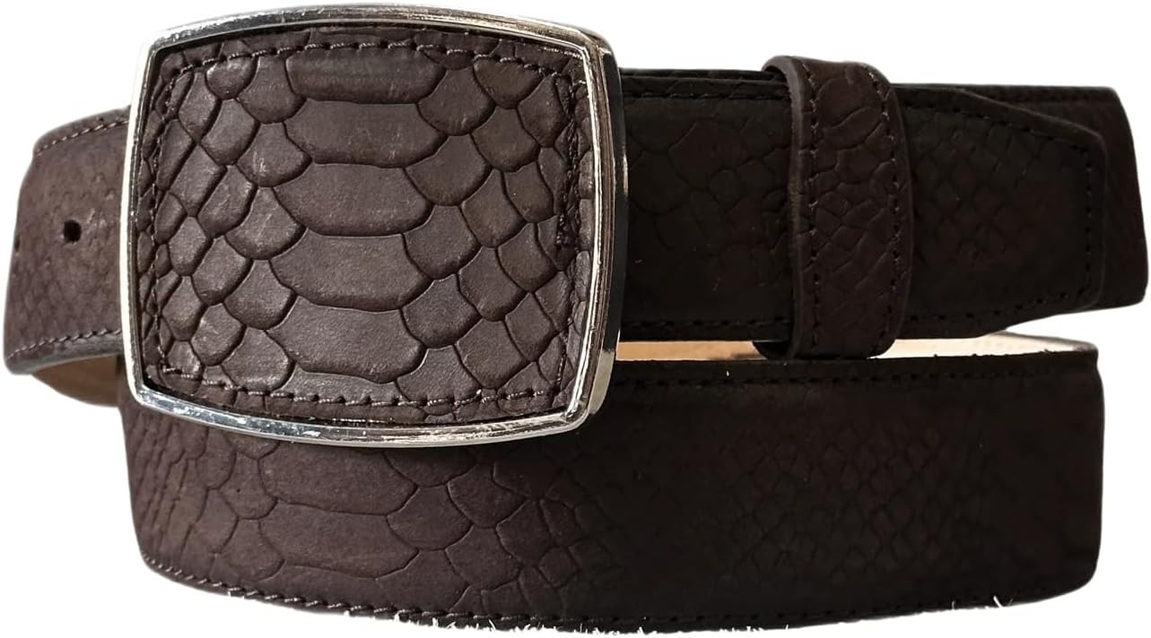 Genuine Leather Python Snakeskin Print Western Belt with Removable Buckle- Brown