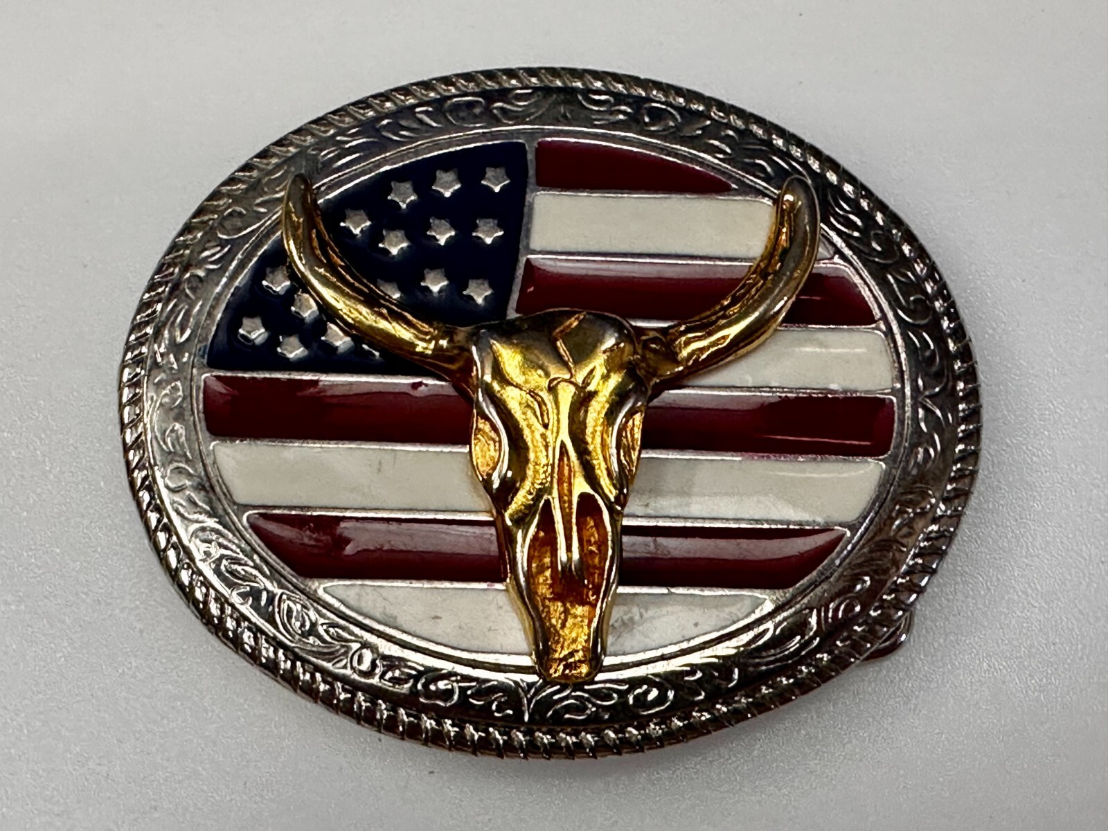 Texas Longhorn United States Flag Stars Stripes Forever Enameled Belt Buckle