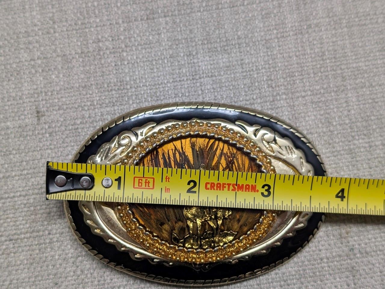 vintage GOLD FLAKE belt buckle HANDCRAFTED epoxy feather WESTERN cowboy indian