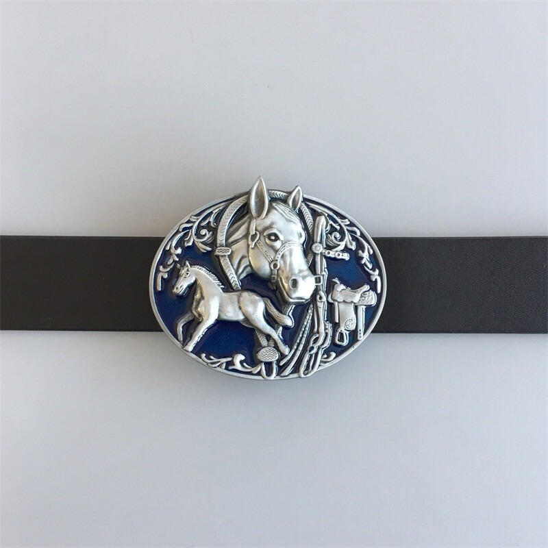 Antique Silver Enamel Horses Rodeo Western Belt Buckle also Stock in the US