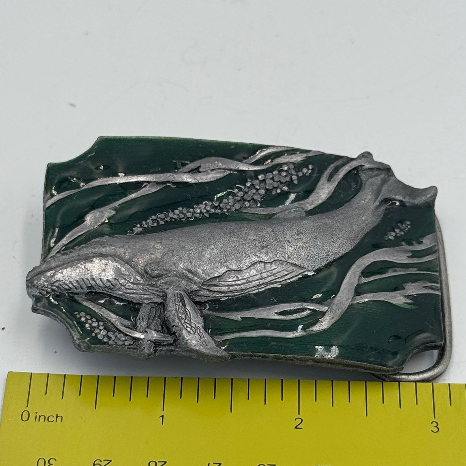 Vintage Humpback Whale Belt Buckle Green Enamel Silver Tone Nautical Marine Life