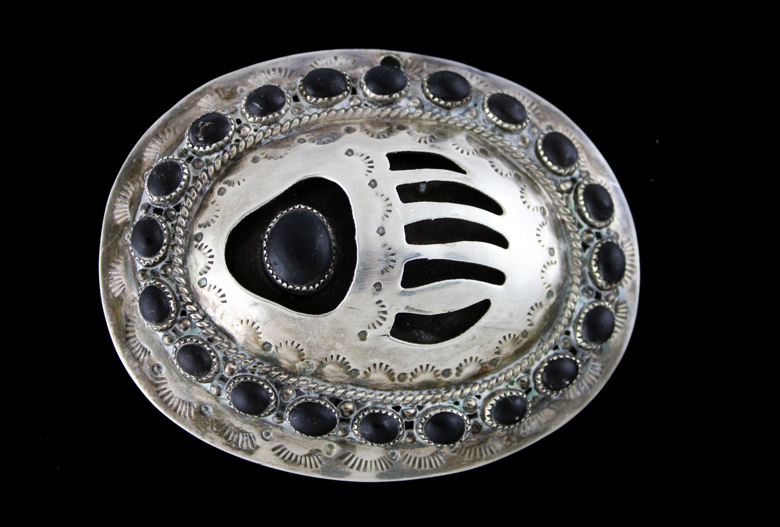 Zuni Navajo Native American Gary Nez Sterling Silver Bear Paw Concho Belt Buckle