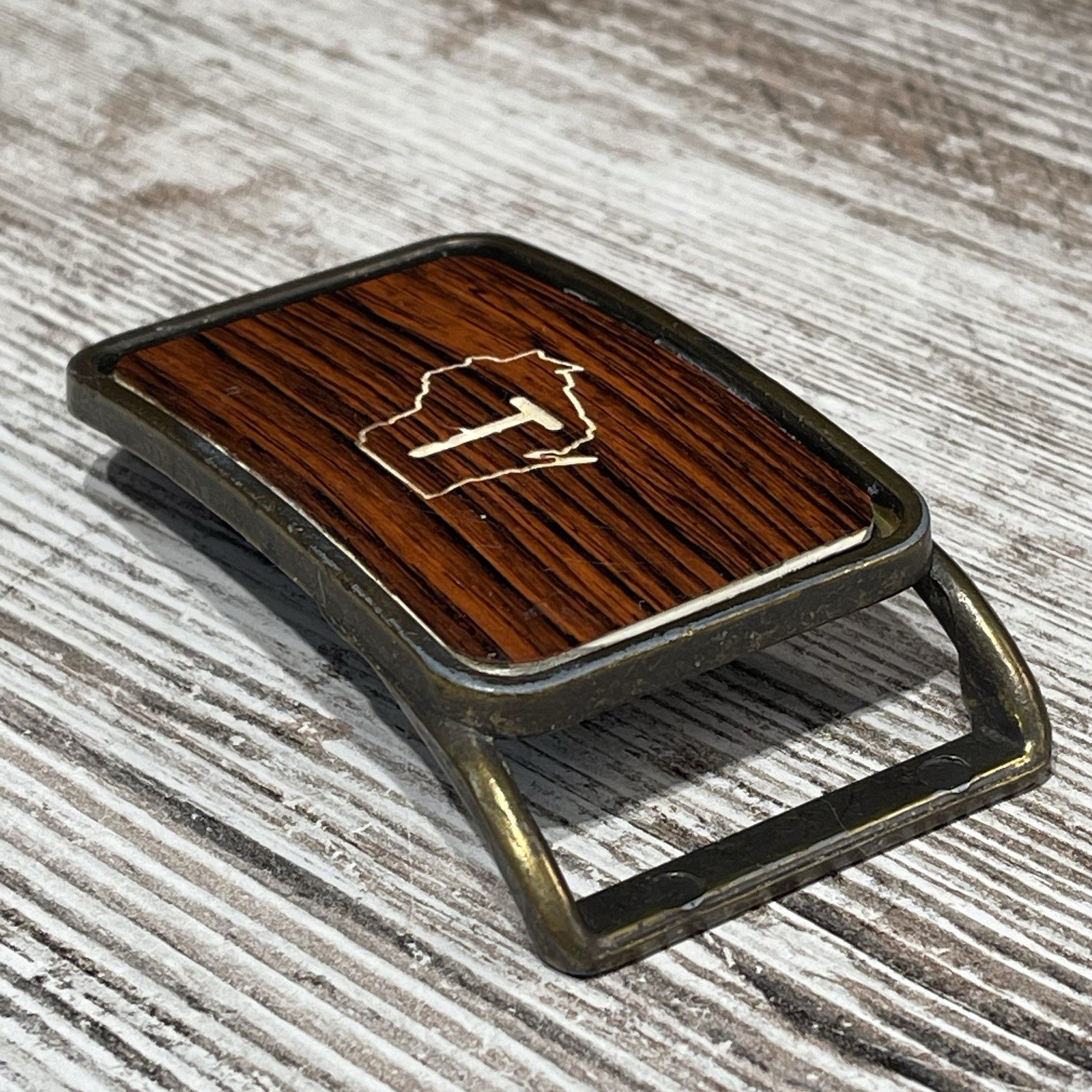 Vintage Wisconsin Belt Buckle ~ 1970’s Hand Made Wood Inlay WI State Outline “T”