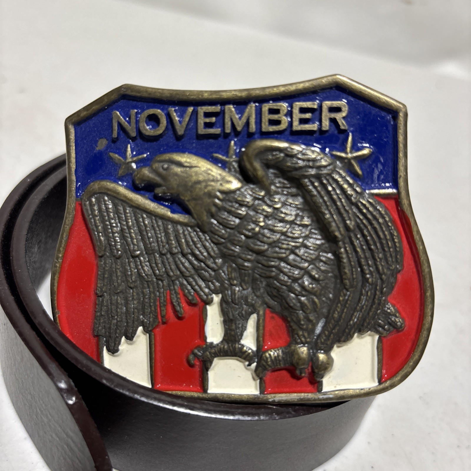 Vintage Collectible November Patriotic Flag Eagle Metal Belt & Buckle Sz 30