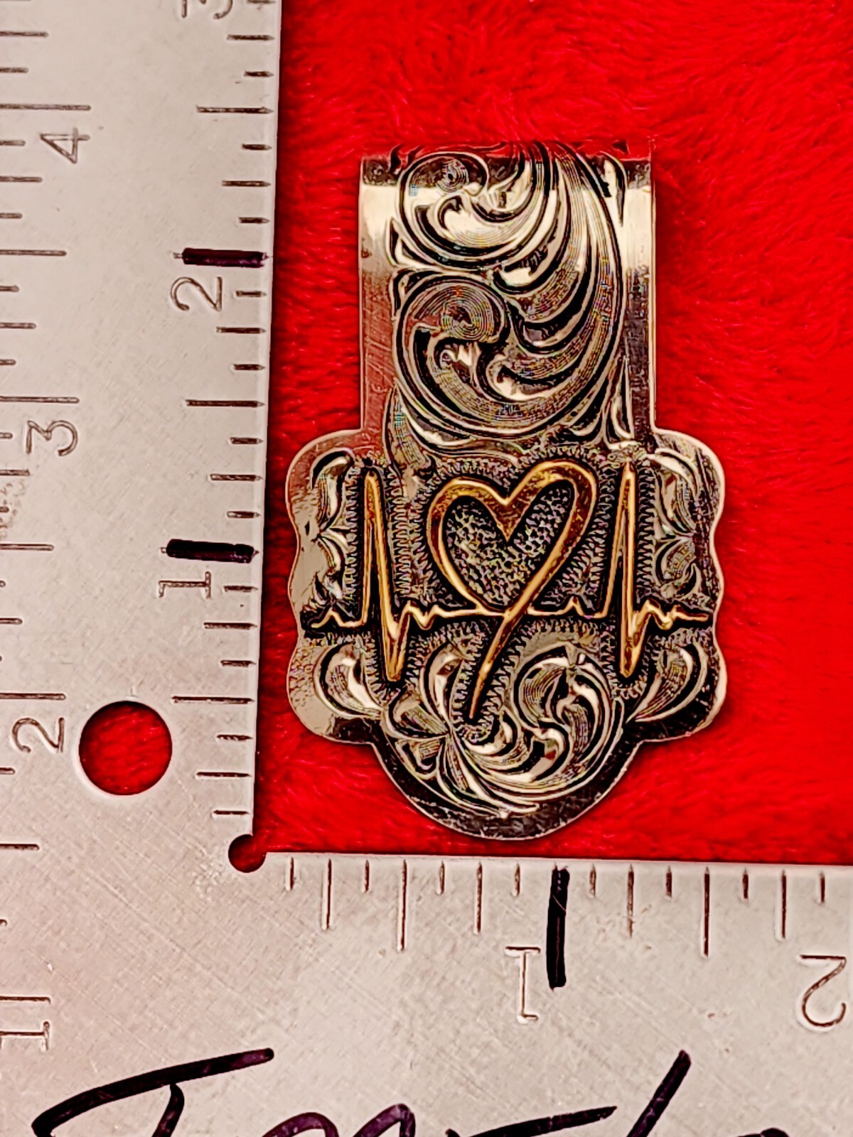 HEARTBEAT EMBLEM~HAND ENGRAVED MONEY CLIP $GERMAN SILVER & JEWLERS BRONZE