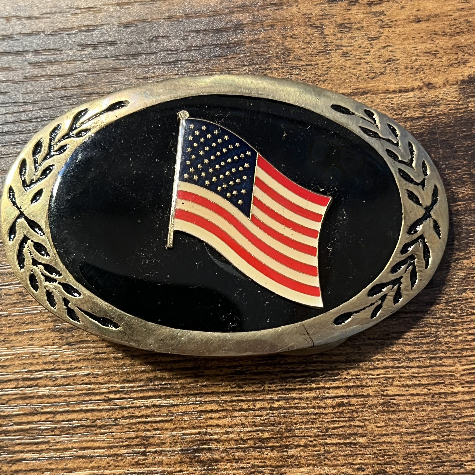 Vintage American Flag Belt Buckle Oval Brass Tone Black Enamel Patriotic USA B19
