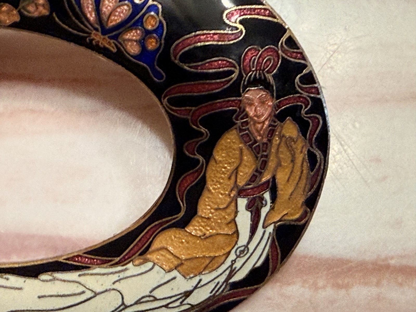 Cloisonne Enamel Buckle Asian Woman Butterfly Floral Goldtone
