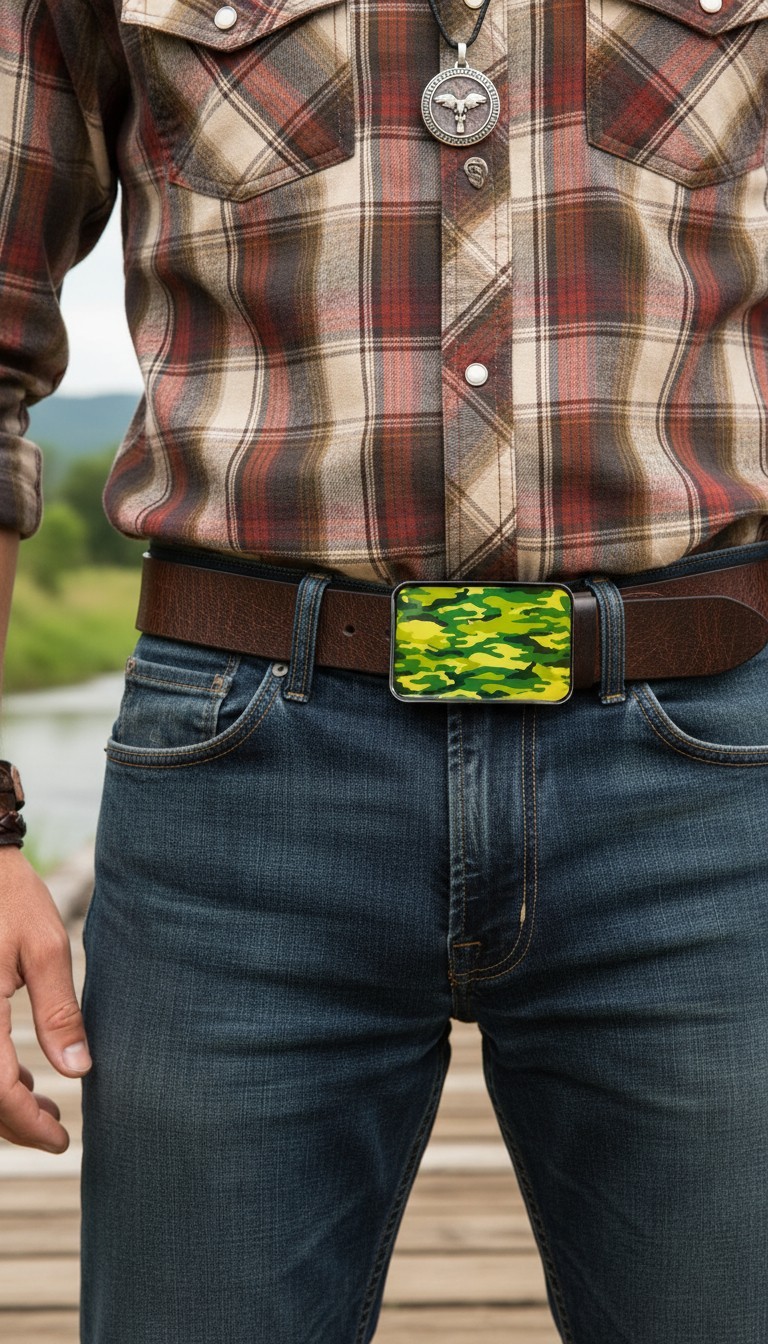 Men Black Metal Fashion Belt Buckle Army Green Camouflage Unique Print War Style