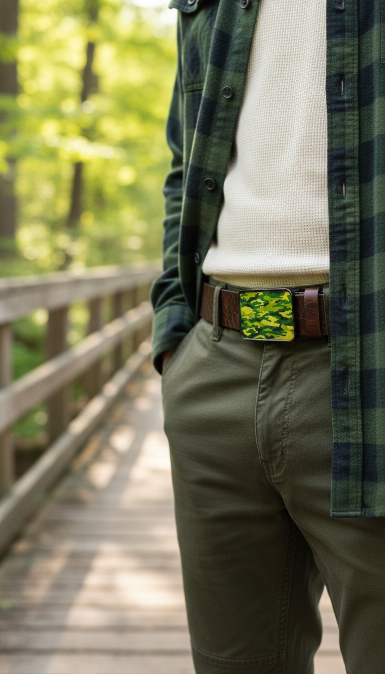 Men Black Metal Fashion Belt Buckle Army Green Color Camouflage Western Hunter