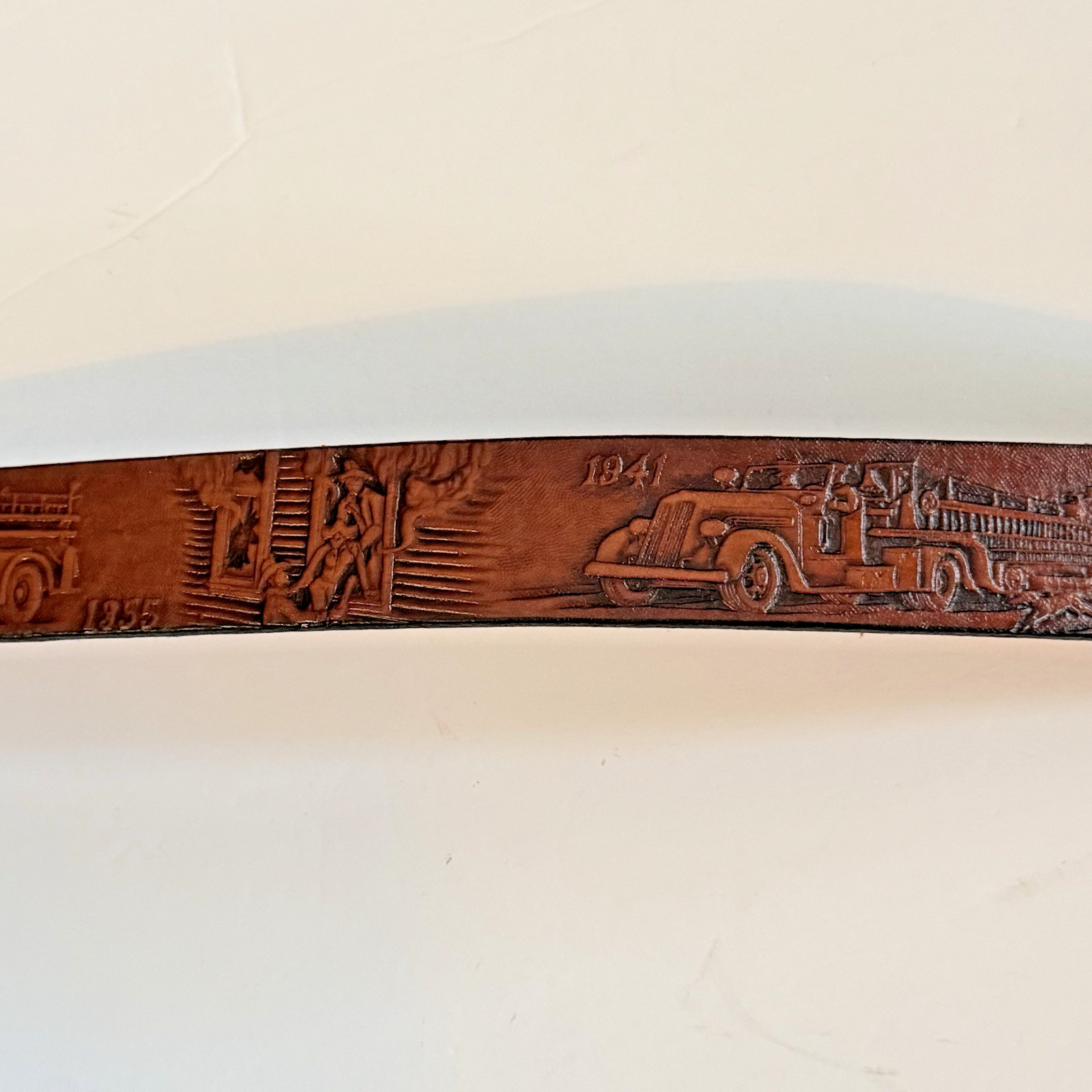 Vintage Dalmatian Belt Buckle W/ Firemen, EMTs & Fire Trucks Leather Belt XL