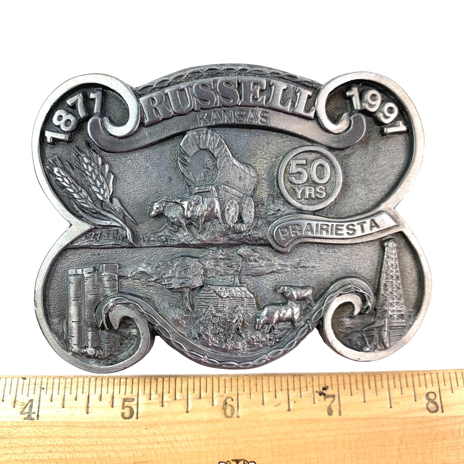 Vintage Dart Russell Kansas 50 Years Prairiesta Western Metal Belt Buckle 19/500