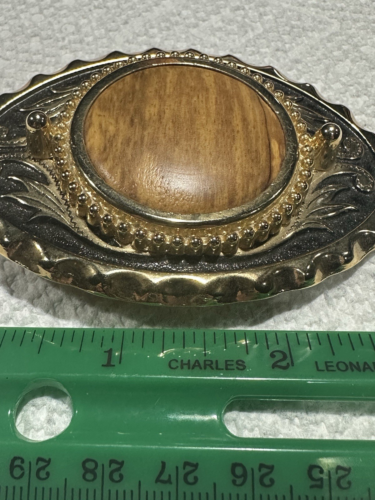 Western Belt Buckle Wood Gold Tone Men’s Unisex Cowboy VTG Cool Unique 3”