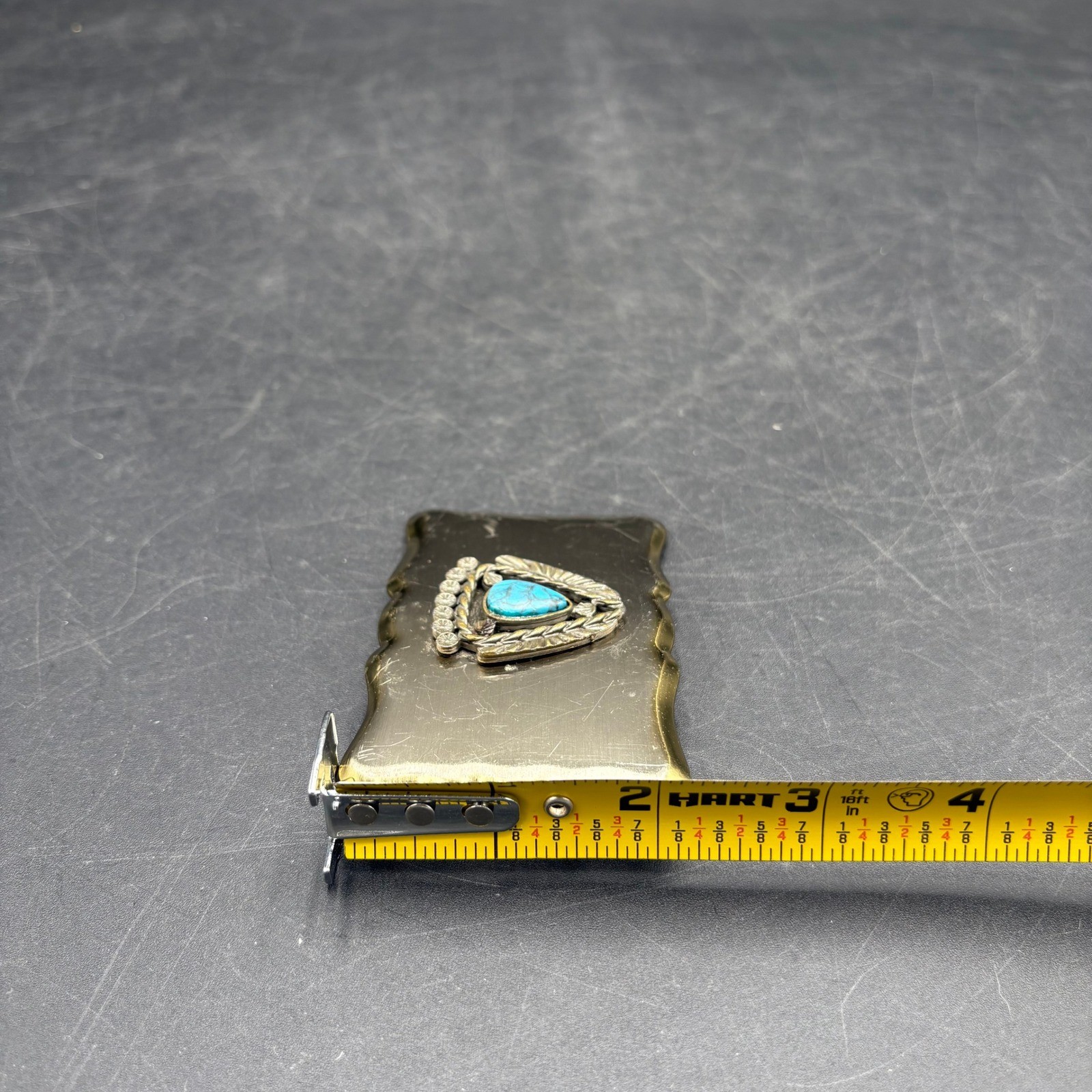 Vtg Native American Theme Belt Buckle Faux Turquoise Scalloped Edge Southwestern
