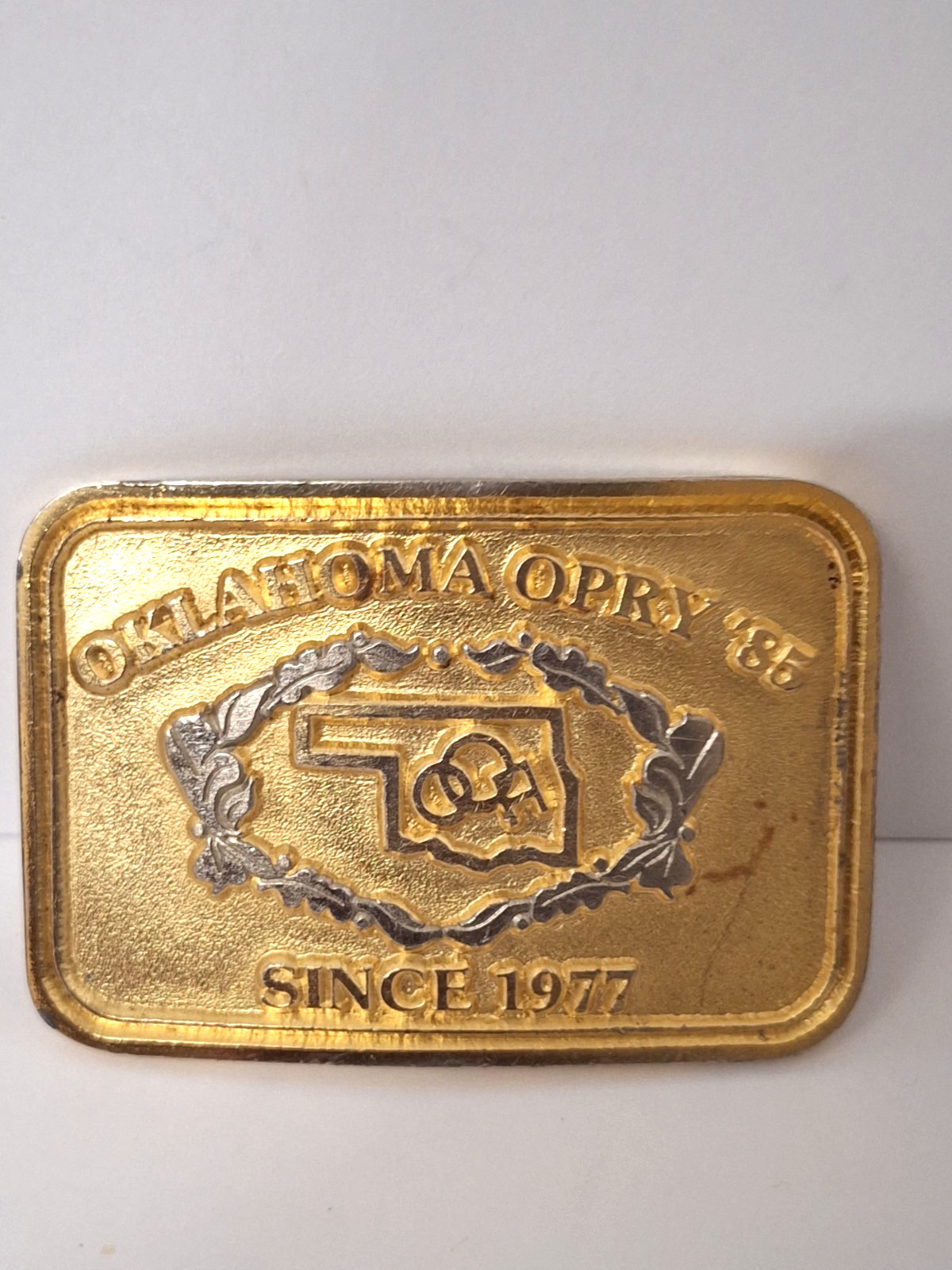 Vintage Oklahoma Opry 1985 Gold Metal Solid Brass Belt Buckle Cowboy Western