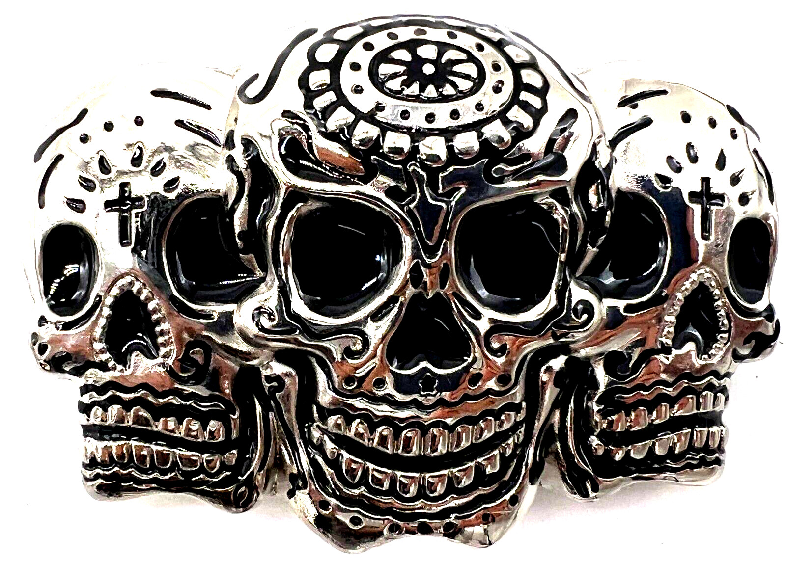 Three Multi Skulls Belt Buckle Biker Gothic New