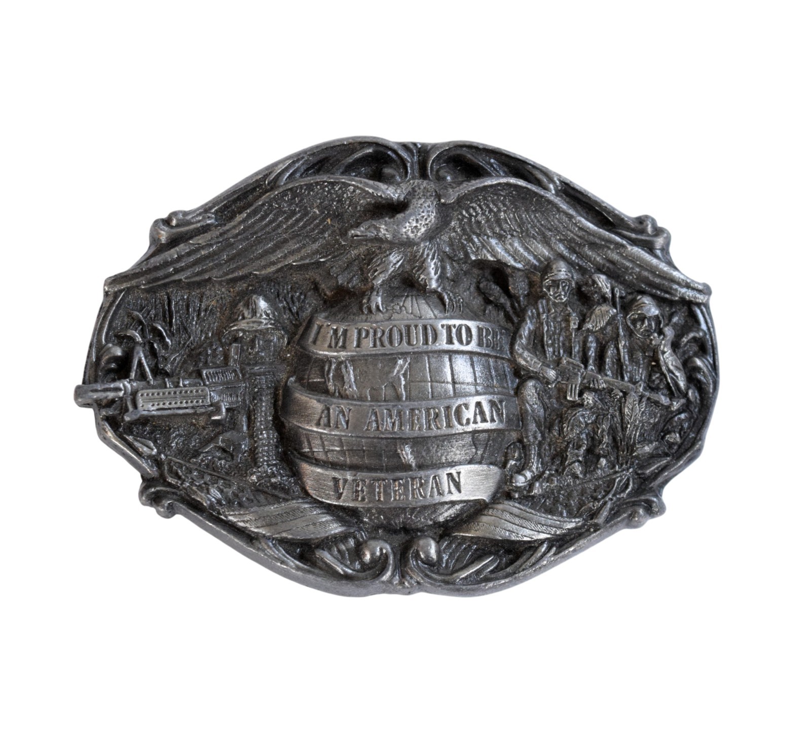 VTG 1986 Bergamot « I&rsquo;m Proud to be an American Veteran » Pewter Belt Buckle – USA