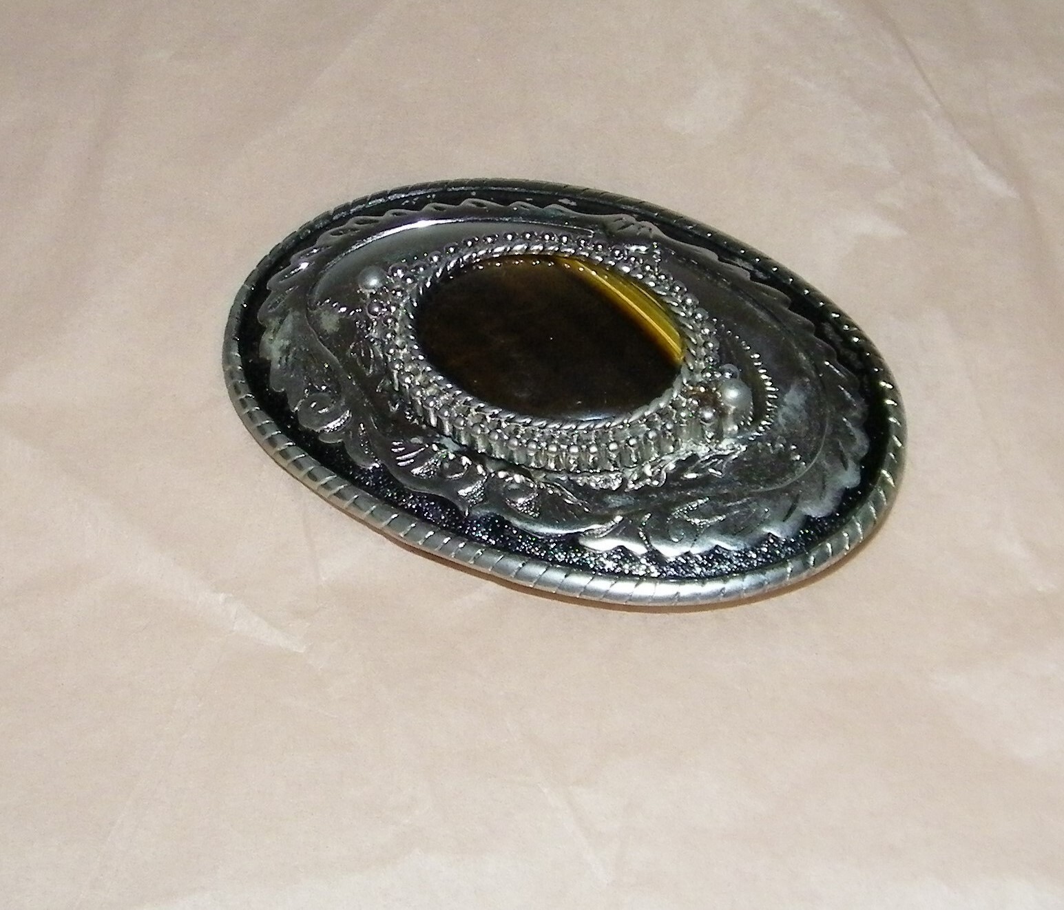 Vintage TIGER EYE Gemstone BELT BUCKLE Polished Stone linlay WESTERN Cowboy