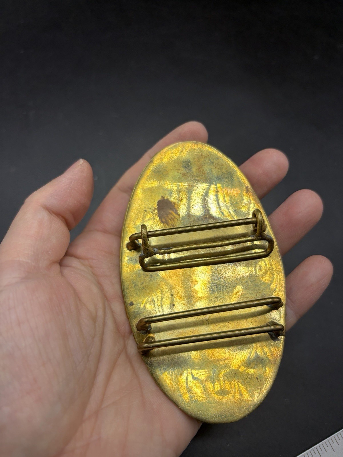 Vintage Two Tone Brass Silver Oval Belt Buckle Modernist Brutalist Western 4”L