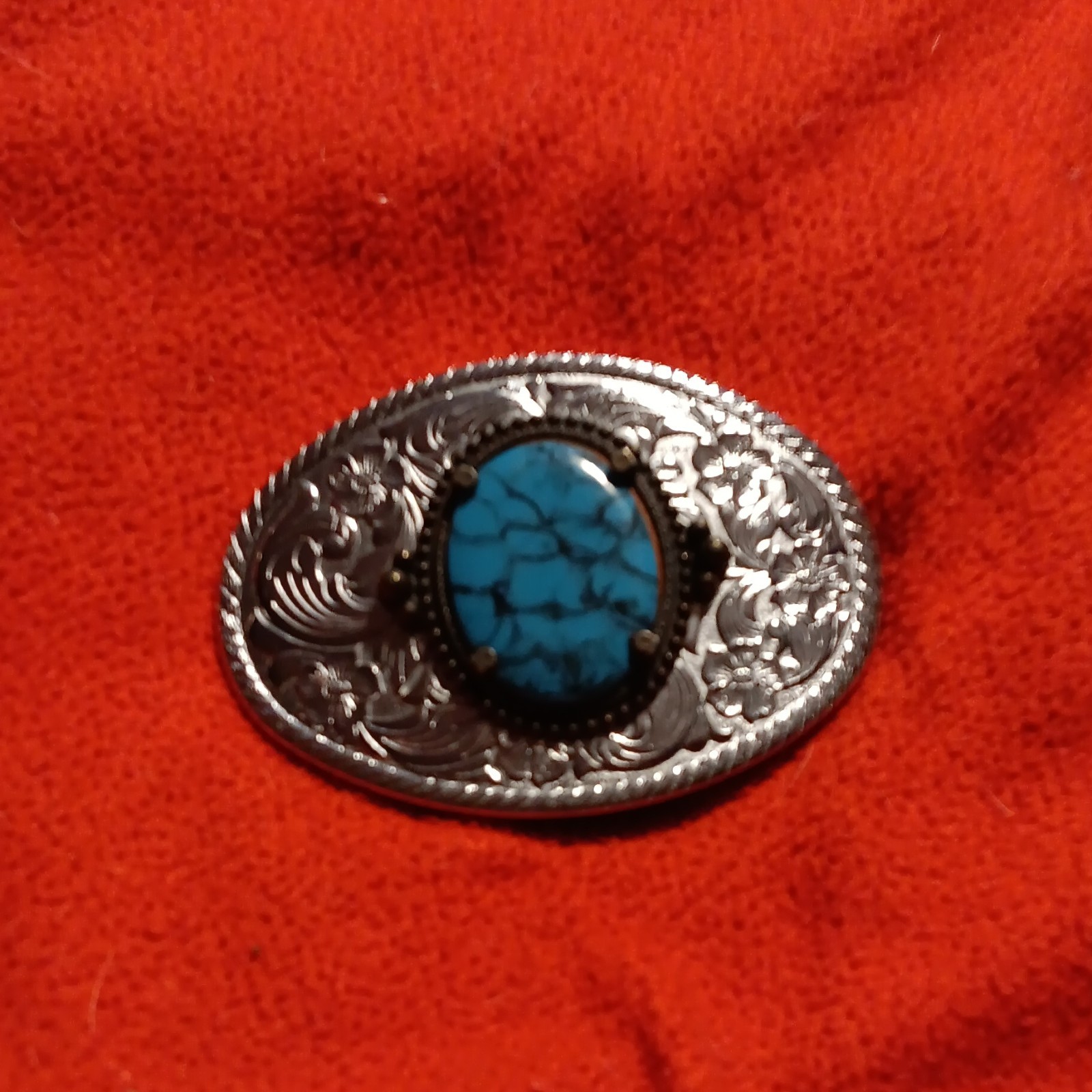 Men&rsquo;s Metal Western Oval Belt Buckle Silver Tone Floral Engraved Blue Stone