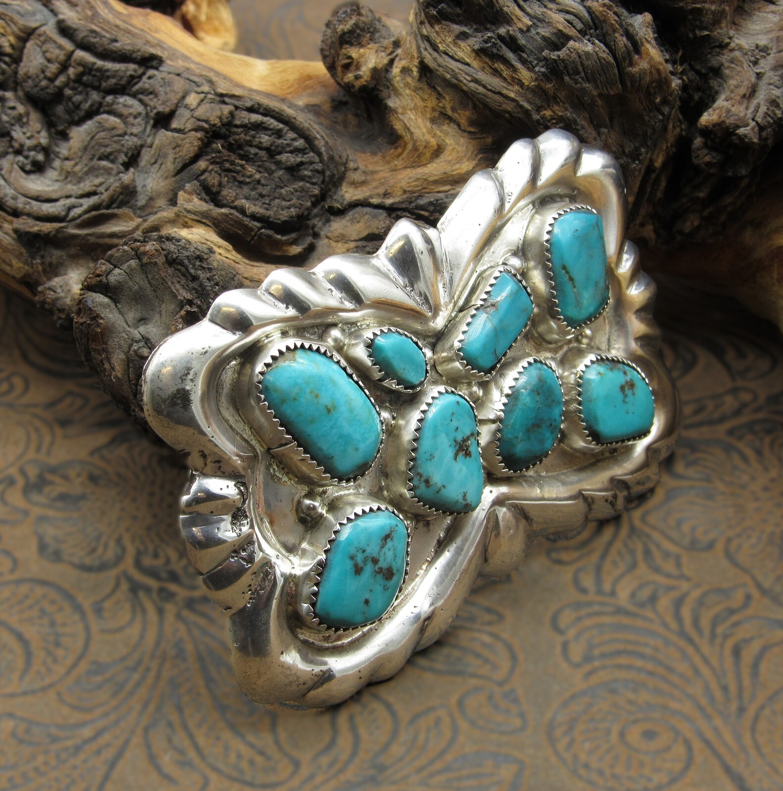Zuni Cast Sterling Silver Turquoise Belt Buckle
