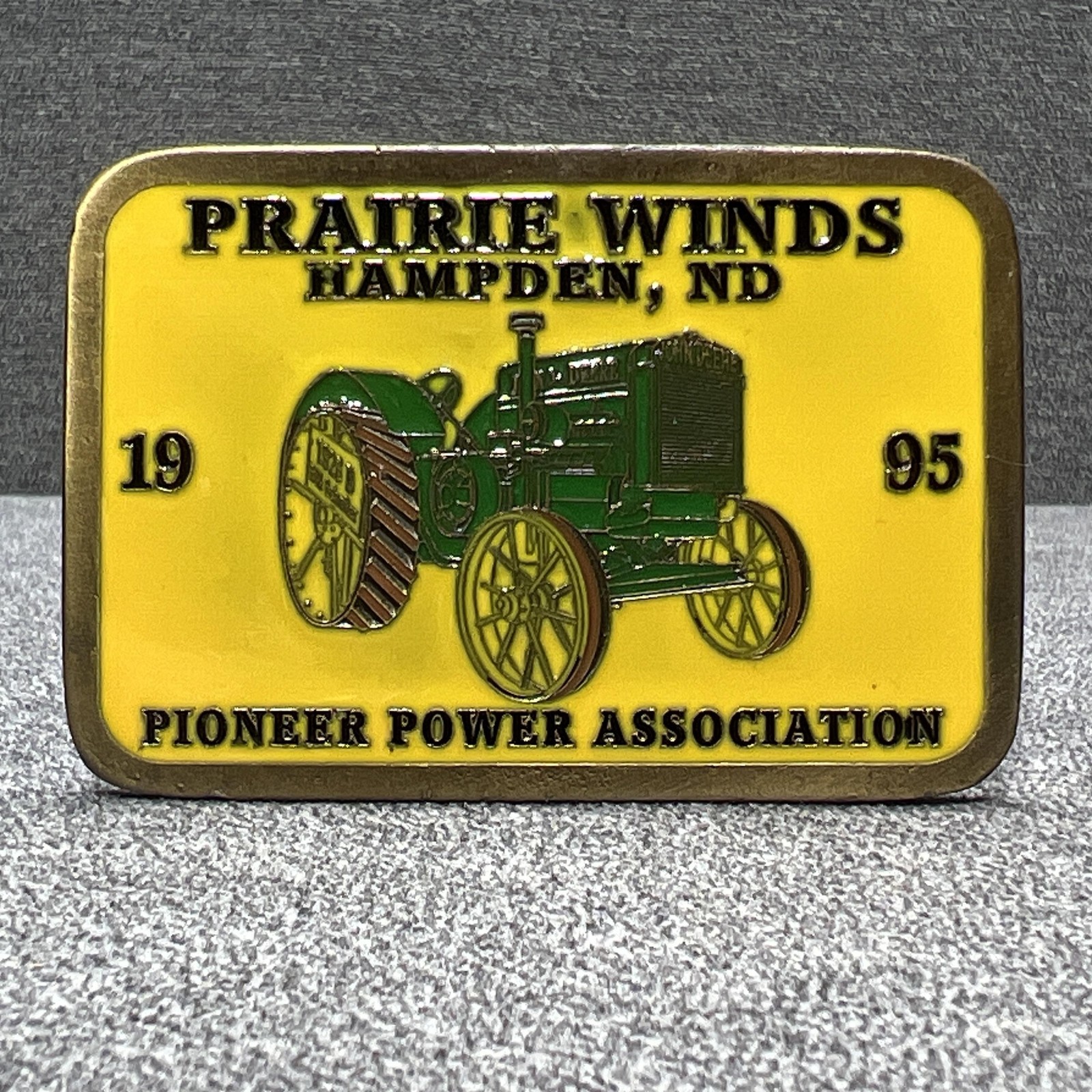 Vintage Pioneer Farming Belt Buckle Mens Yellow Prairie Winds John Deere 1995