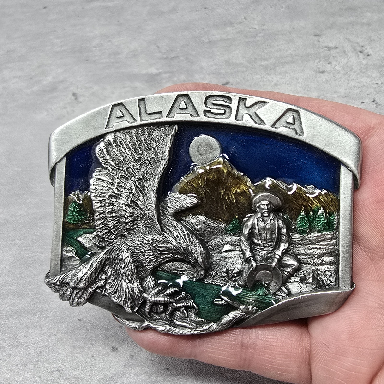 Vintage 1984 Alaska Eagle Gold Miner 3D Color Siskiyou Pewter Belt Buckle Enamel