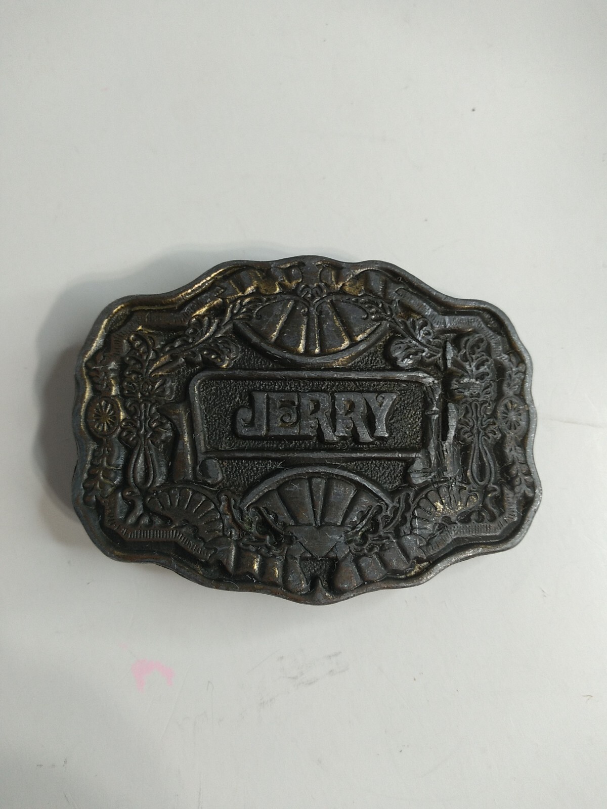 Vtg Oden NC Brass Belt Buckle 70s Name JERRY Personalized Ornate
