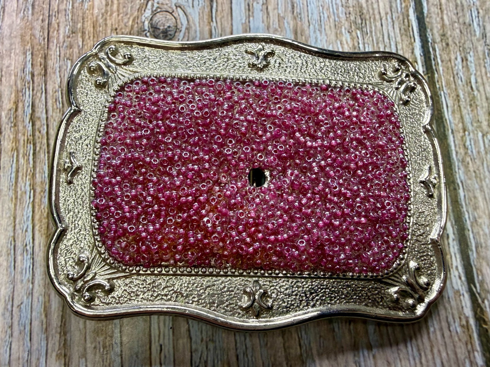 Rectangular Red Pink Bead Covered Belt Buckle Center Hole For Craft Or Project