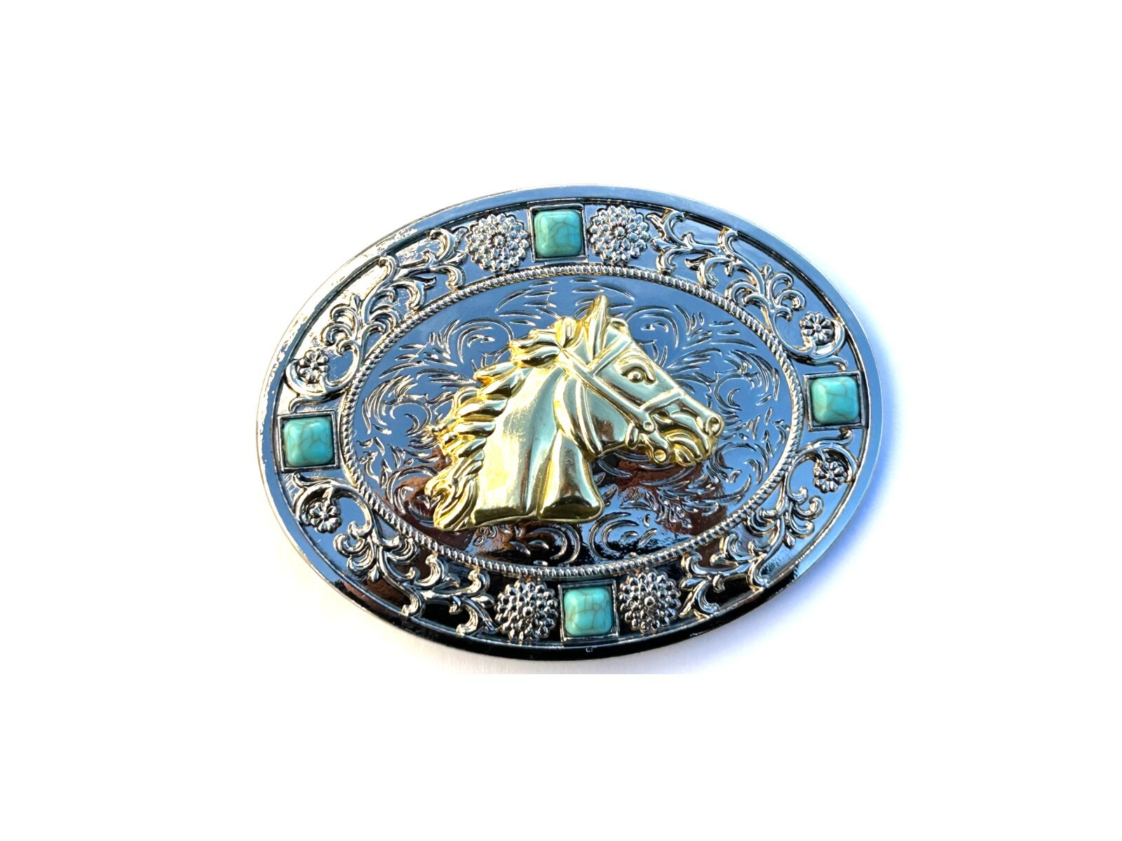 Western Horse Head Buckle Men Unisex Turquoise Silver Chrome Engraved Fit 2 »