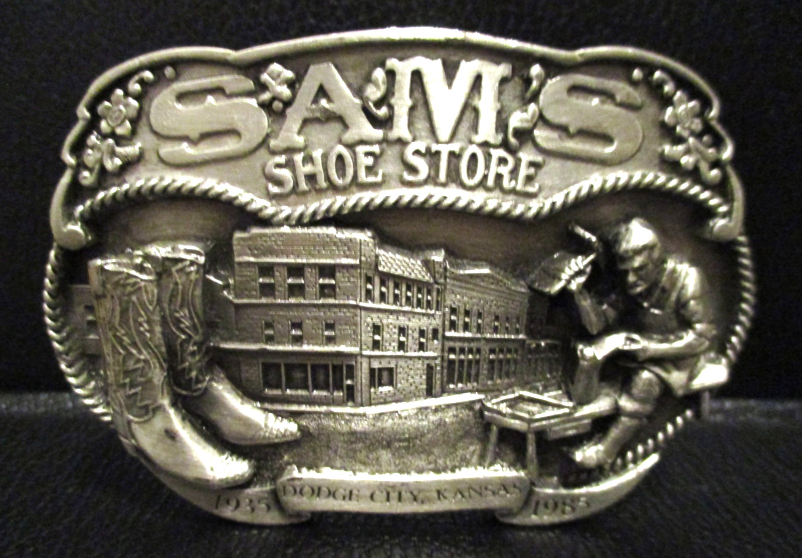 Dodge City Kansas SAM&rsquo;S SHOE STORE 1985 Pewter Belt Buckle Allen Cowboyboy Boots