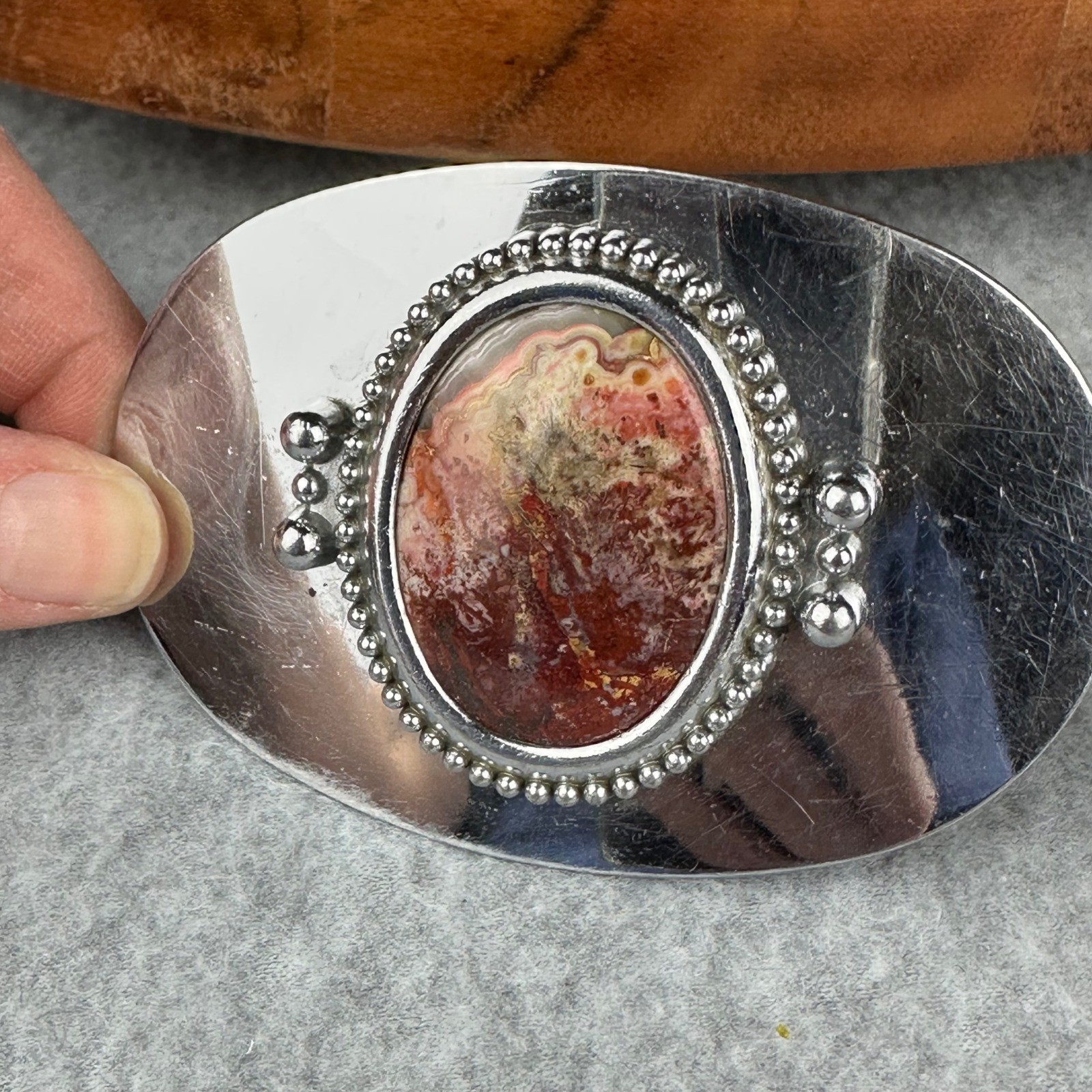 Vtg Style Red Lace Agate Silver Tone Oval Western Belt Buckle
