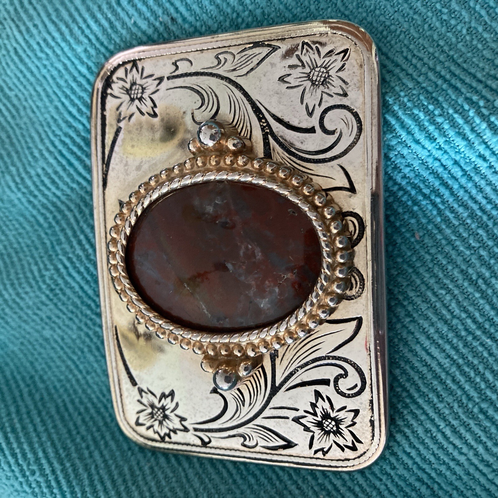 Vtg Belt Buckle Silver & Gold Tone Metal Polished Agate Stone Western Rodeo