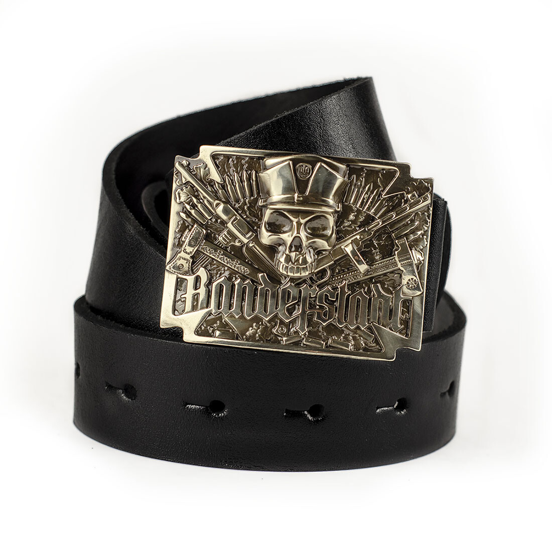 German silver belt buckle Banderstadt, Artistic sculptural fighting skull buckle