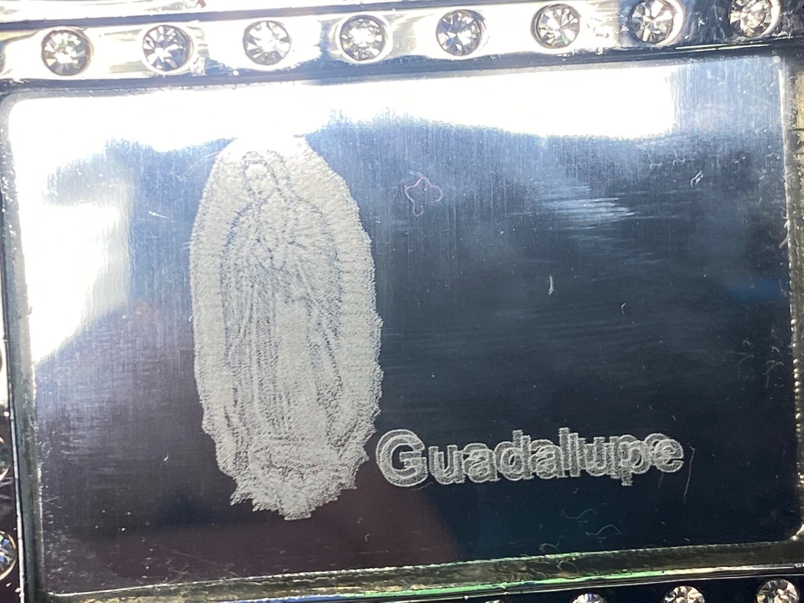 Unique Mirrored Guadalupe With Rhinestones Silver Color Hologram Belt Buckle