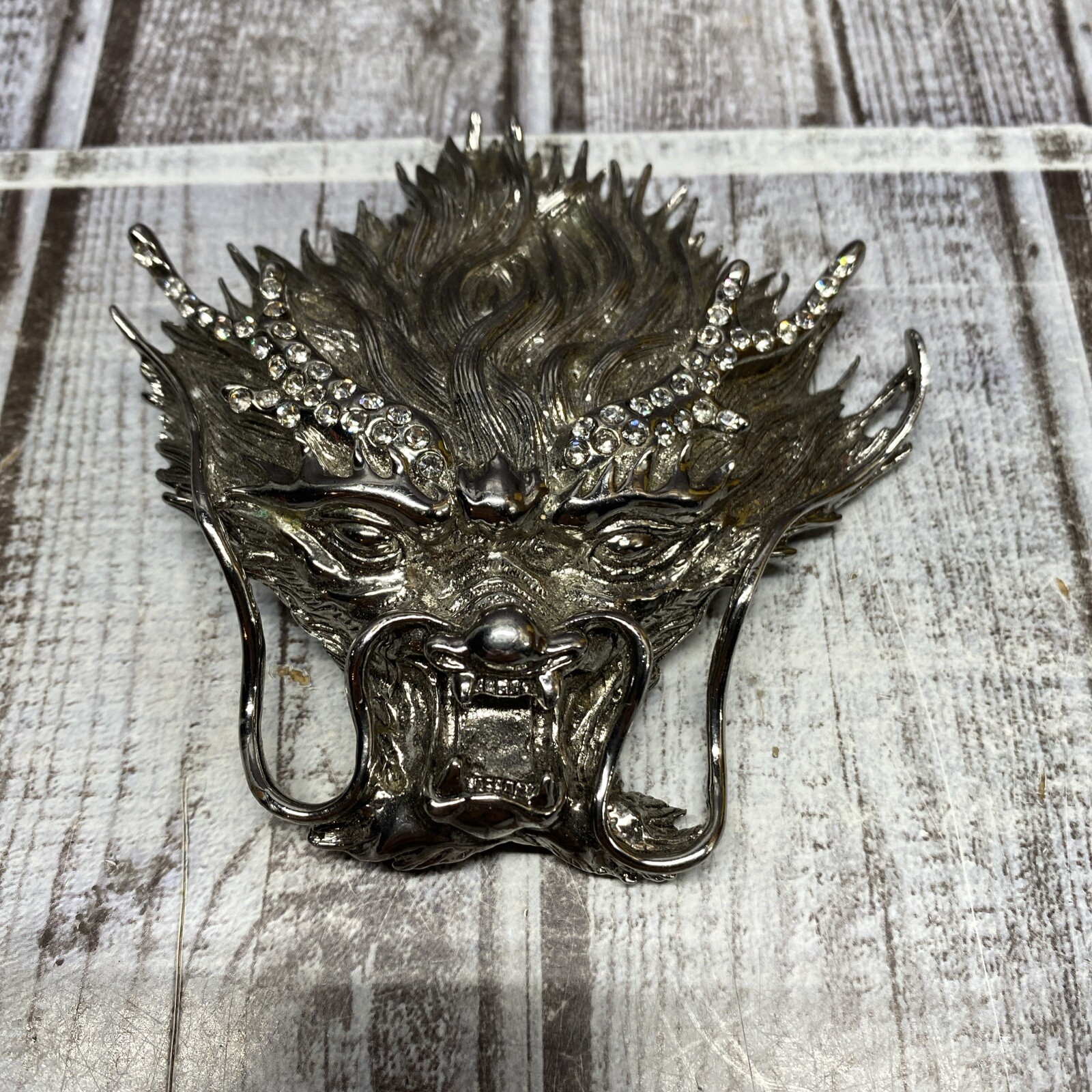 Silver Plated Asian Chinese Dragon Head Metal Belt Buckle Bejeweled