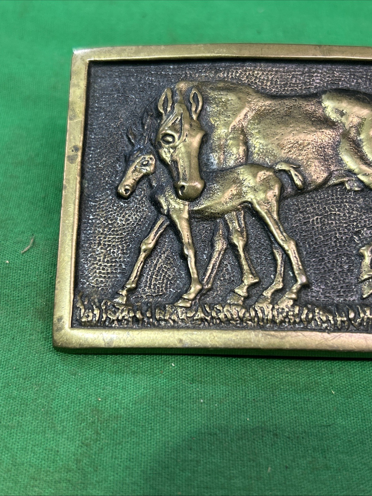 BTS Solid Brass Horse and Foal Belt Buckle Made in USA 1978 Vintage Western
