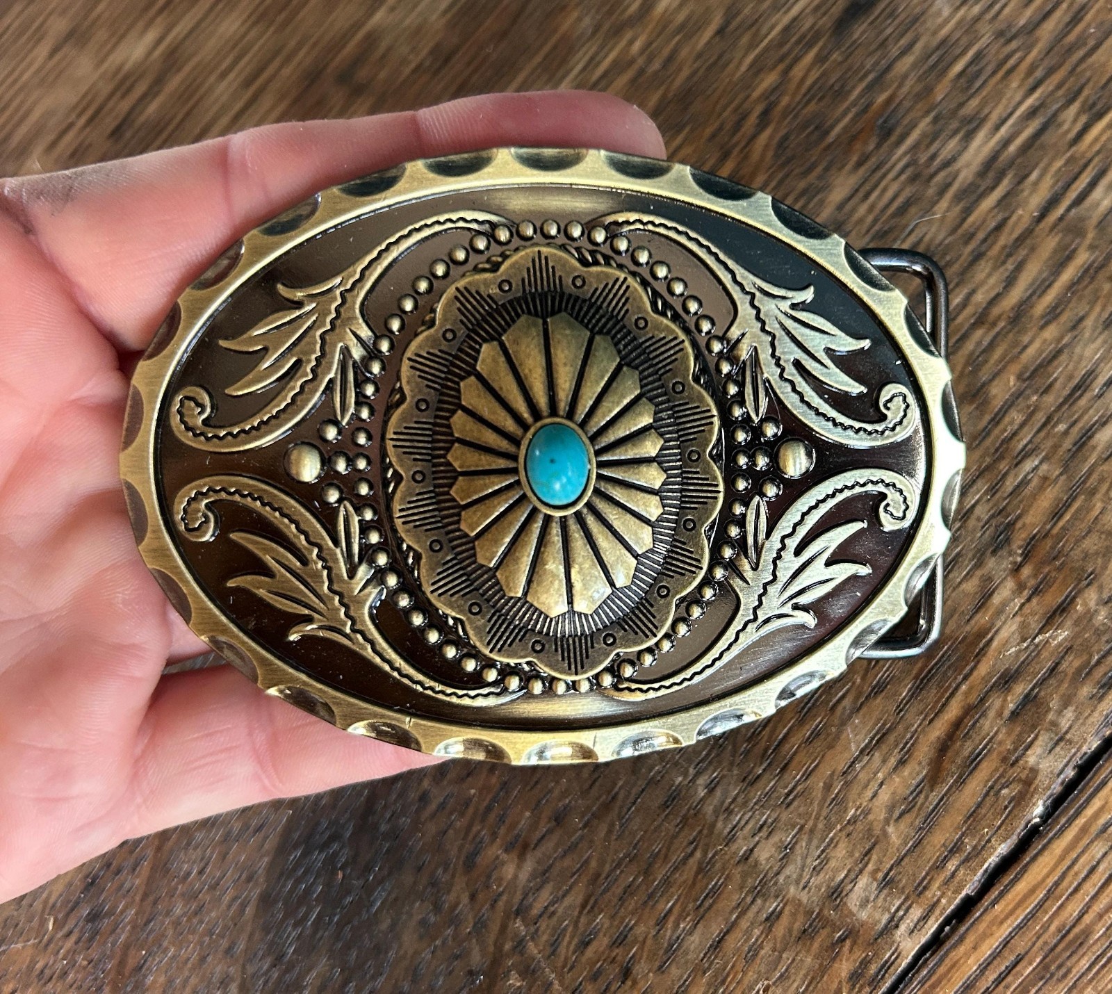 Turquoise Western Belt Buckle Antique Brass Engraved Oval Cowboy Style
