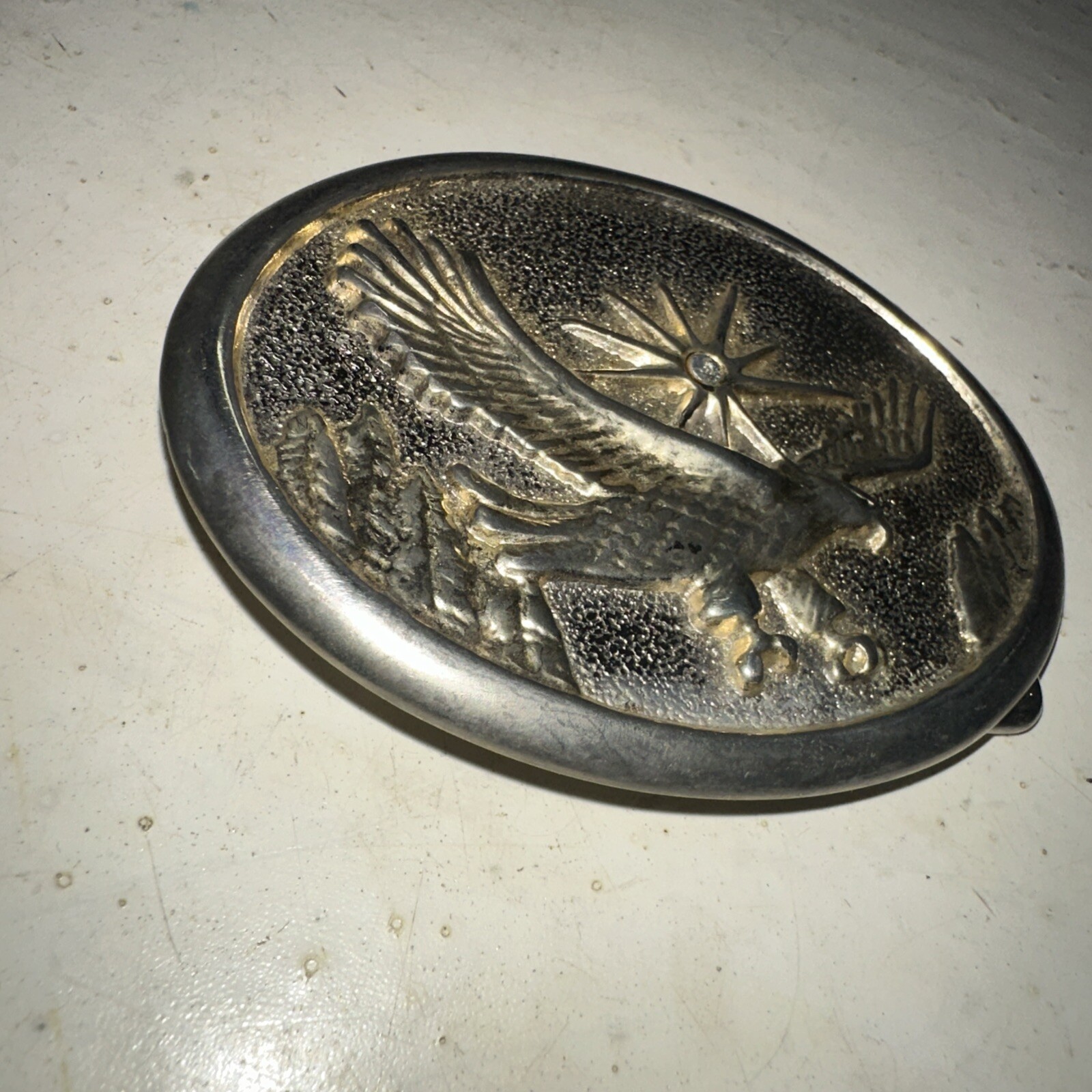 VINTAGE BELT BUCKLE Majestic Eagle Sun Trees Star Jewel Flying Oval Metal USA