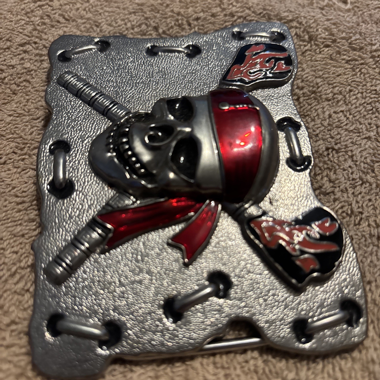 Raised Pirate Skull in Red Bandana Swords Gothic Punk Biker Vibe Belt Buckle
