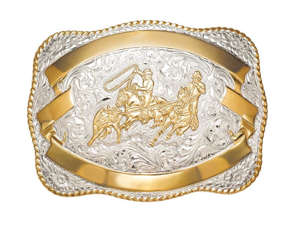 Crumrine Western Belt Buckle Team Roper Rodeo Silver Bronze C04198
