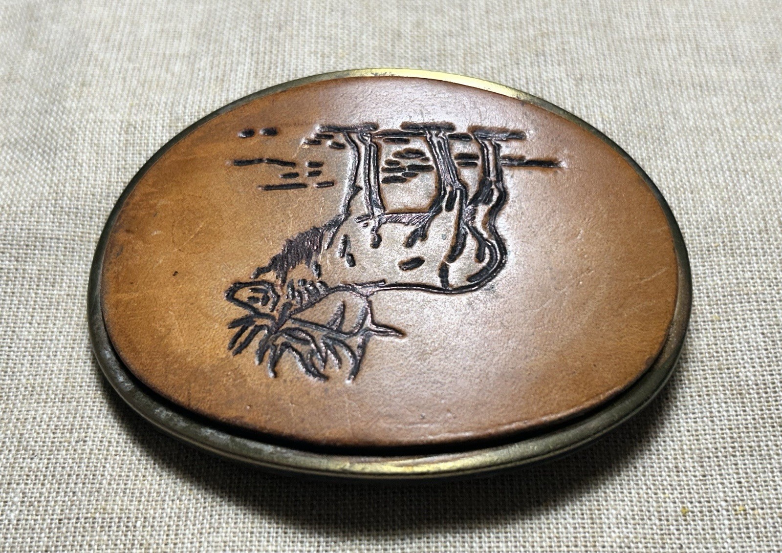 Vintage Elk Leather Belt Buckle Western Wildlife Oval Brown Brass USA