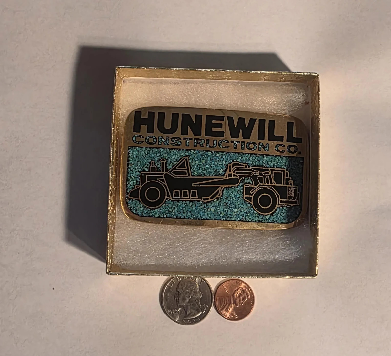 Vintage Metal Belt Buckle, Solid Brass, Blue Crushed Turquoise Stones, Hunewill